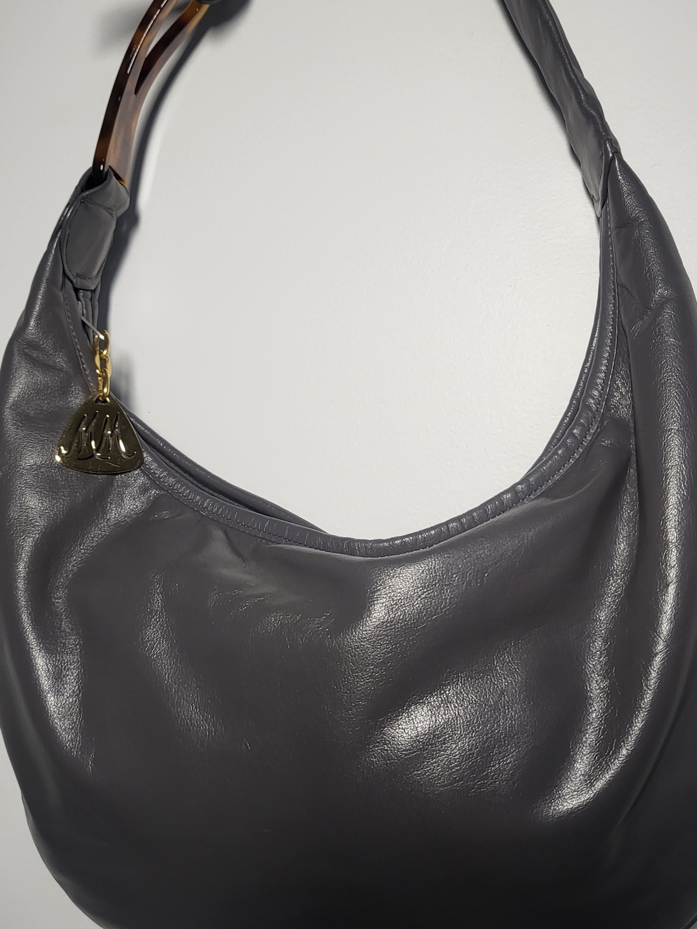 Sleek Dark Gray Hobo Shoulder Bag with Gold Charm - Picture 2 of 10